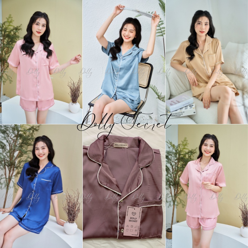 Bộ mặc nhà Pijama lụa trơn cộc tay quần đùi DOLLY SECRET có túi lụa cao cấp CC23