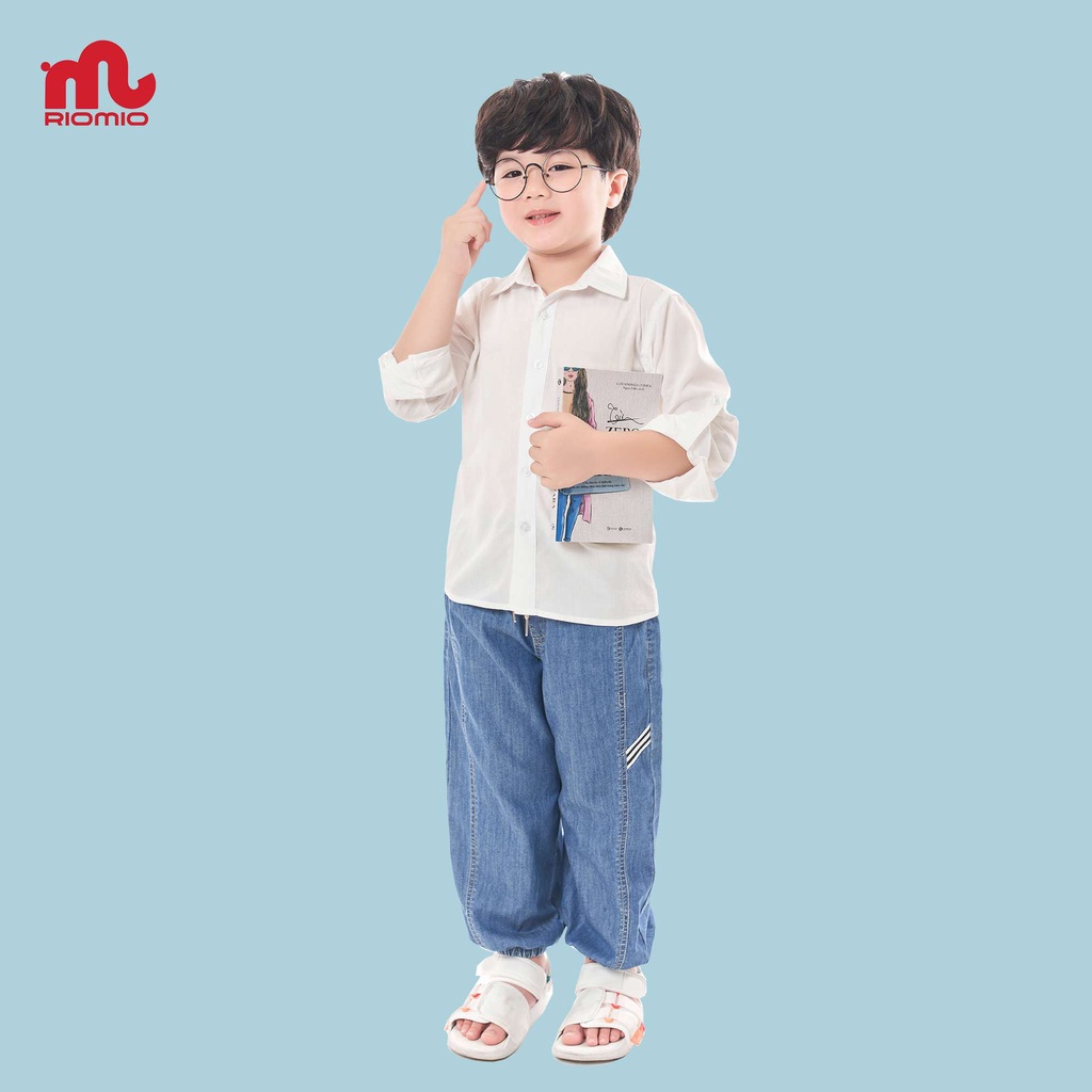 Áo sơ mi cho bé trai 5-12 tuổi size 20-50kg RIOMIO trắng dài tay đồng phục đi học đi chơi vải thô hàn mềm mát - RA251
