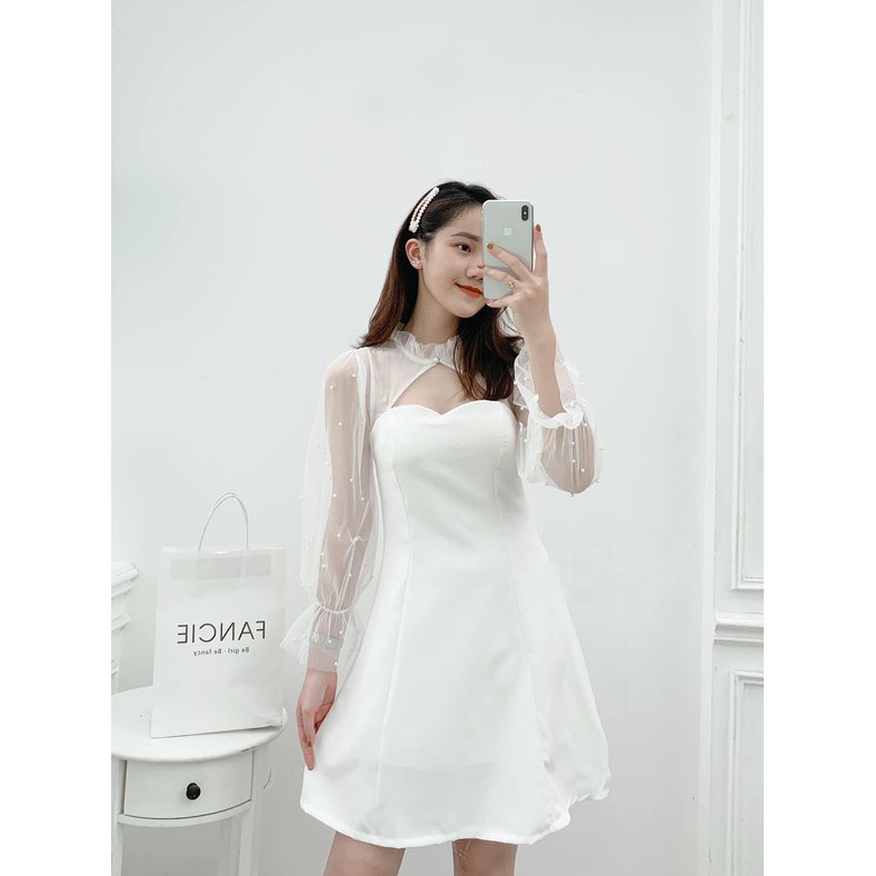 Đầm nữ tay dài phối lưới cổ tàu thời trang dự tiệc dạo phố ( có mút ngực )