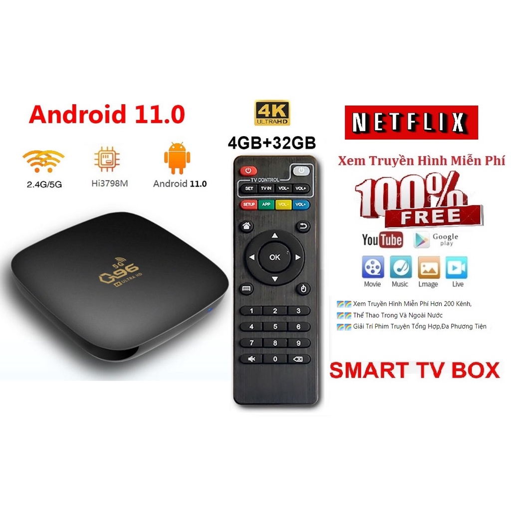 Tv Box-Smart Box Tv G96 Android 11 Ram 4GB Rom 32GB 4K 1080p Wifi 2.4g & 5g Xem Miễn Phí 200 Kênh Truyền Hình-Thể Thao B