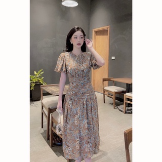 Váy midi cổ tròn xếp ly chiết eo nhún tay ngắn bo chun 0VMD.01175