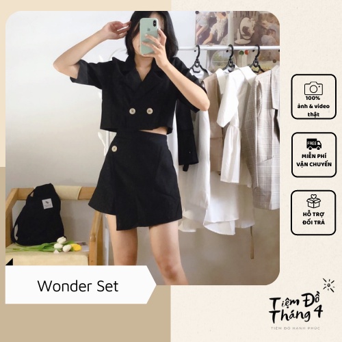 Set vest croptop nữ kèm chân váy dáng chữ A đắp chéo/ Áo Croptop/ Chân váy ngắn
