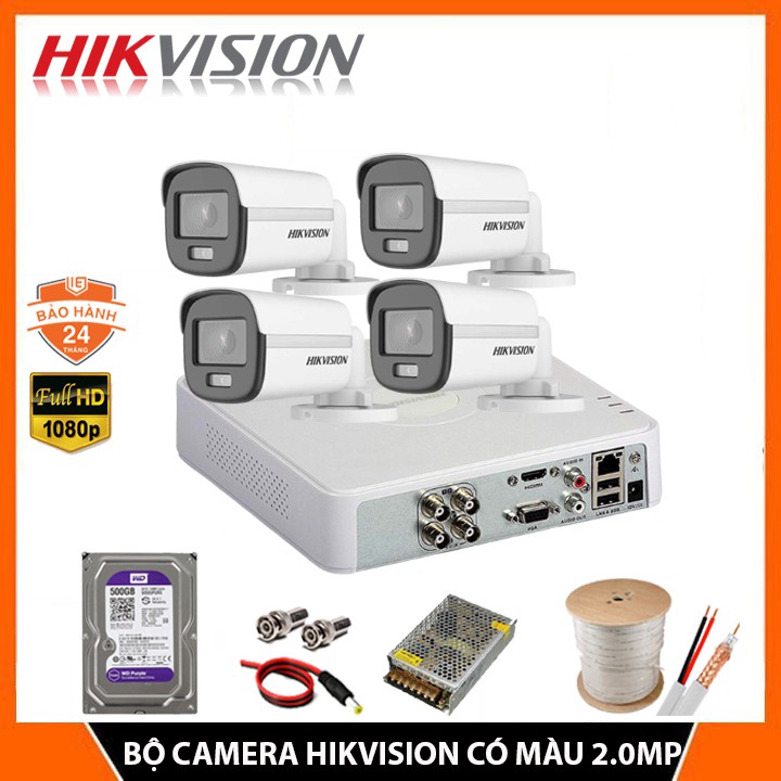 BỘ CAMERA GIÁM SÁT CÓ MÀU BAN ĐÊM HIKVISION 2.0MP -FHD 1080P, ĐỦ PHỤ KIỆN LẮP ĐẶT - BẢO HÀNH 2 NĂM