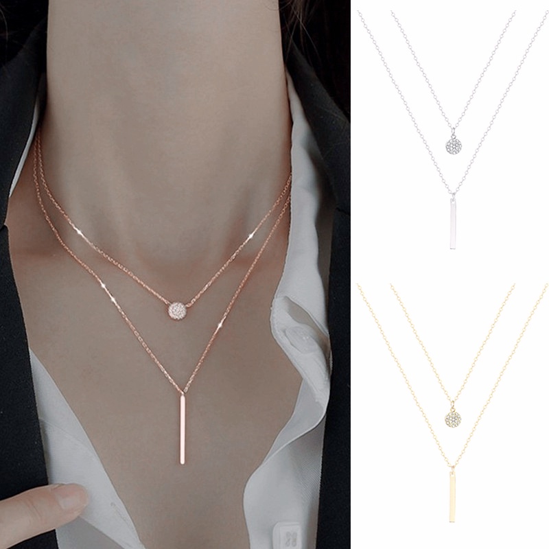 Vòng cổ Hợp Kim Hai Lớp Mặt Tròn Đính Đá Zircon Thời Trang