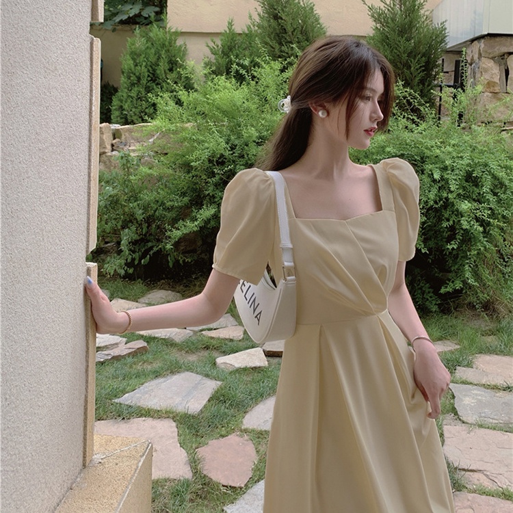 IELGY     Đầm Cổ Vuông Nhấn Eo Phong Cách Pháp Thời Trang Cho Nữ