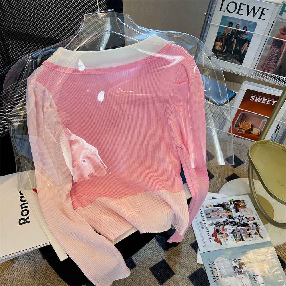 Áo len ZHELIHANGFEI cổ polo tay phồng dễ phối đồ hợp thời trang