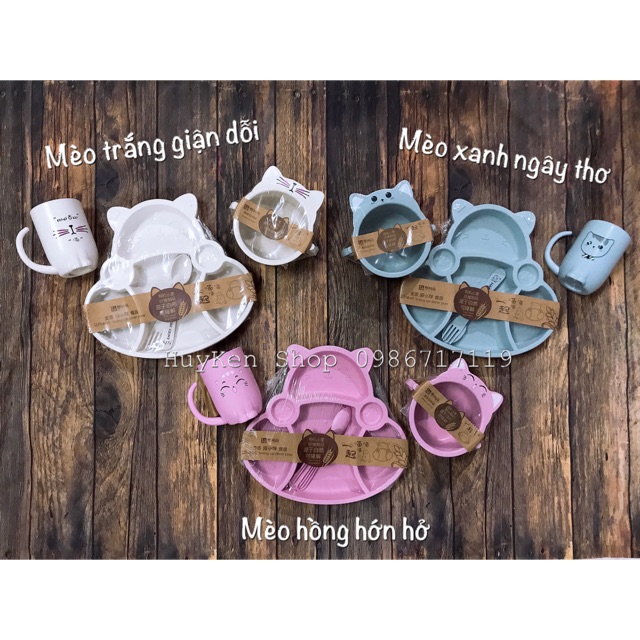 Bộ khay, bát, cốc ăn dặm hình mèo 3 sắc thái kèm thìa dĩa cho bé