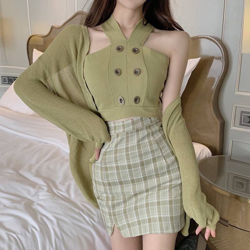 Áo Dệt Kim Nữ Không Tay Cài Nút Gợi Cảm