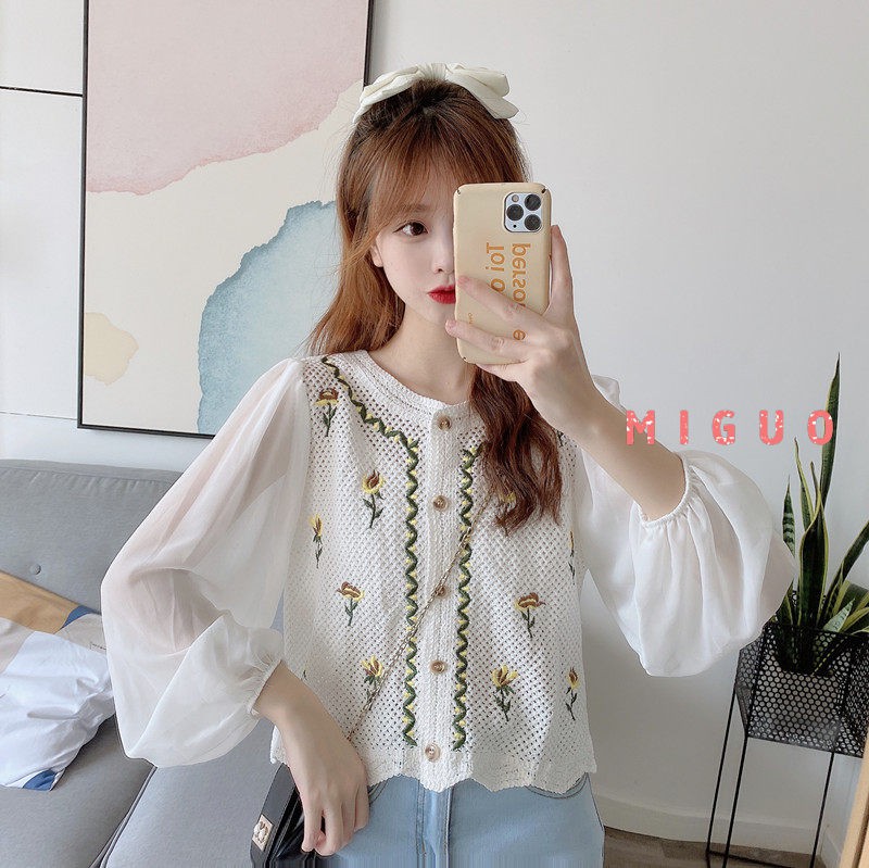 Áo Sơ Mi Nữ Vải Voan Thêu Hoa Dáng Rộng Phong Cách Hàn Quốc