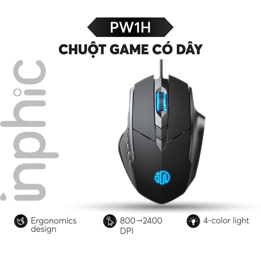 Chuột Chơi Game INPHIC PW1H Chuột Văn Phòng Có Dây Phiên bản 6 phím Độ Phân Giải 1200DPI - Chính Hãng