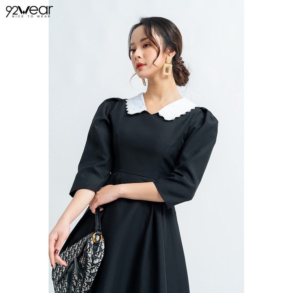 Đầm công sở dáng xòe tay lỡ phối viền cổ trắng DEW0623 - 92WEAR | BigBuy360 - bigbuy360.vn