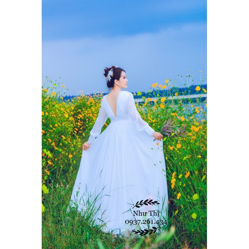 (miễn phí chỉnh váy) đầm maxi trắng hở lưng tay dài váy xoè to cô dâu chụp hình cưới đi bàn chụp hình hoa cúc cực sang