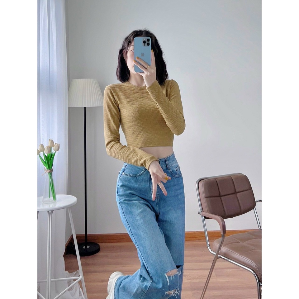 Áo Croptop Tay Dài Cổ Tròn - Áo Thun Nữ Chất Xốp Mát Co Dãn Tốt - HÀNG TEM MÁC CHUẨN SHOP