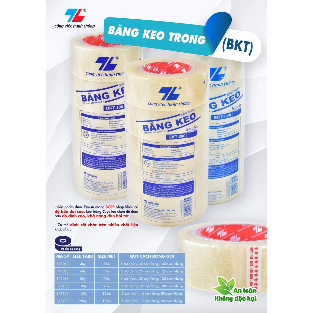 Combo 5 Băng Keo Trong  Thiên Long BKT-100- 100 yards đảm bảo hàng công ty