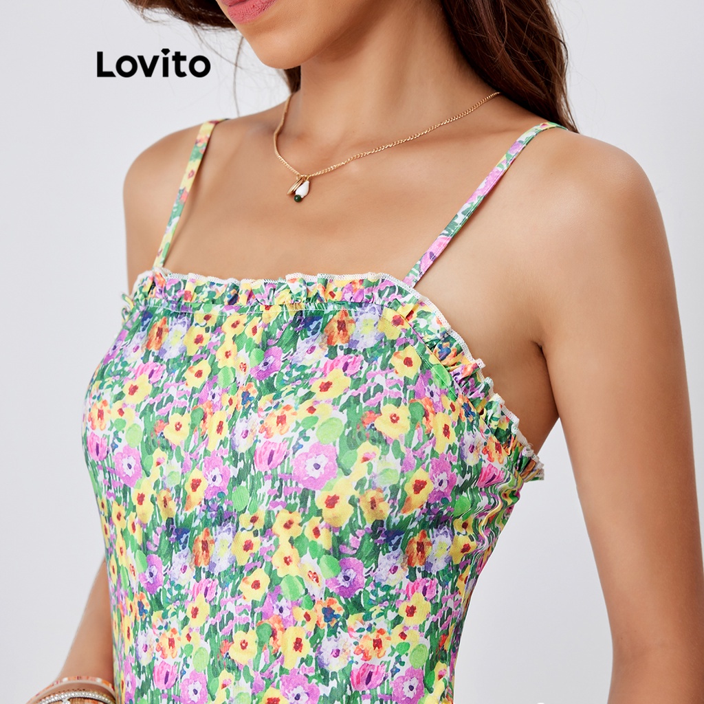 Lovito Boho Hoa Frill Áo liền quần L24LD103 (Xanh lục)