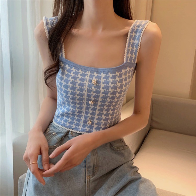 Áo hai dây hoạ tiết caro nữ Forgirl dệt kim cách điệu | BigBuy360 - bigbuy360.vn