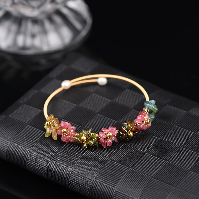 Tourmaline Vòng Tay Mở Mạ Lụa Vết Thương Pha Lê Dâu Tây Aquamarine Có Thể Điều Chỉnh