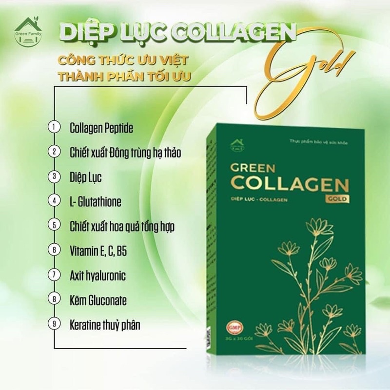 Diệp Lục Collagen Gold Green Family Development Hỗ trợ đẹp da,giảm táo bón,tăng cường sinh lí - Hộp 30 gói