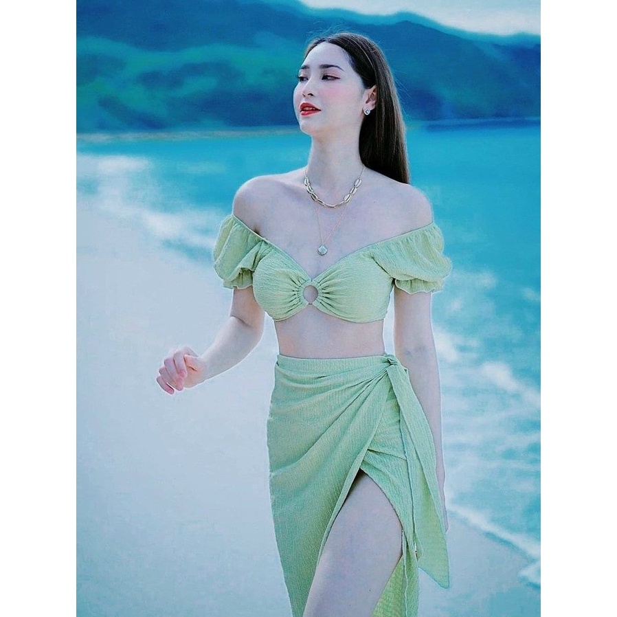 Đồ bơi nữ, Bikini Set 3 món áo tay bồng trễ vai phối khoen, quần chan váy dài  cực xinh,chất vải xốp Bin Sports BHV170