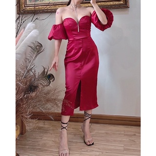 Đầm satin đỏ dự tiệc sang trọng