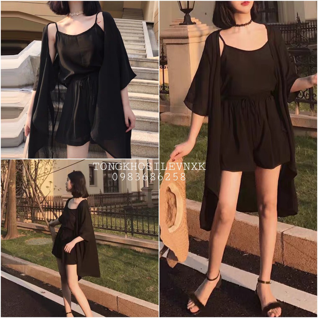 [Mã FASHIONT4WA2 giảm 10K đơn 50K] SET KHOÁC 3IN1: ÁO KHOÁC KIMONO ĐEN + QUẦN ĐÙI + ÁO DÂY HOT - Hot 2020