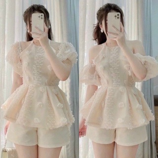 Sét bộ cổ yếm tay phồng cột nơ cổ phối quần đùi dễ thương