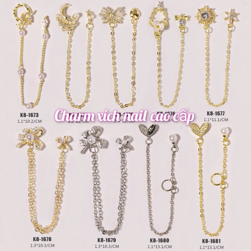 charm nail dây xích nơ, xích tim cao cấp trang trí móng tay loại sịn