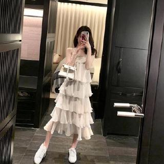 Đầm Hai Dây Cổ Chữ V Xếp Tầng Xinh Xắn Theo Phong Cách Hàn Quốc