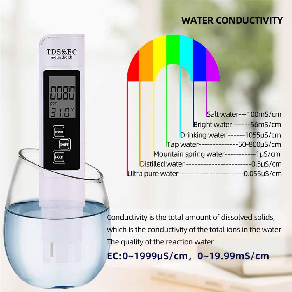 Độ chính xác di động Máy đo PH + Độ tinh khiết nước LCD kỹ thuật số TDS Máy đo EC Bộ lọc nước Hiển thị nhiệt độ Bút thử