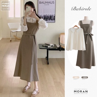 Váy yếm MORAN cổ vuông thắt eo vintage Hàn Quốc nhẹ nhàng thanh lịch sang trọng