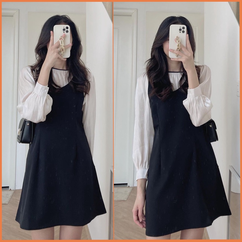 Set váy yếm kèm áo kiểu nữ chất tơ [Full set] Đầm suông trơn freesize – S-Y2