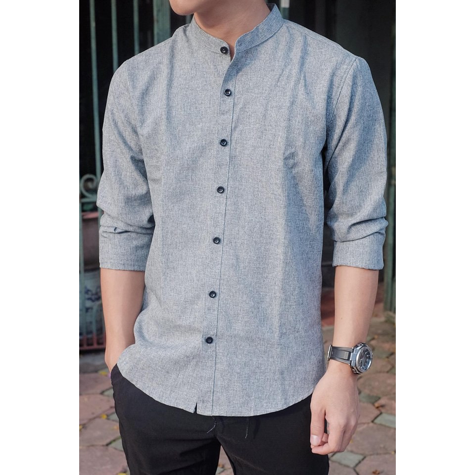 Áo Sơ Mi Nam Màu Xám Hạt Tiêu Phối Cổ Tàu Phong Cách | BigBuy360 - bigbuy360.vn