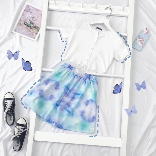 Set Váy Loang+Croptop Nút Ulzzang Ảnh Thật