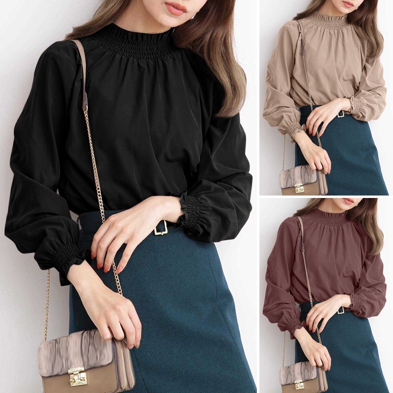 Áo sơ mi kiểu ZANZEA cổ cao màu trơn tay dài dễ phối trang phục phong cách thanh lịch cho nữ