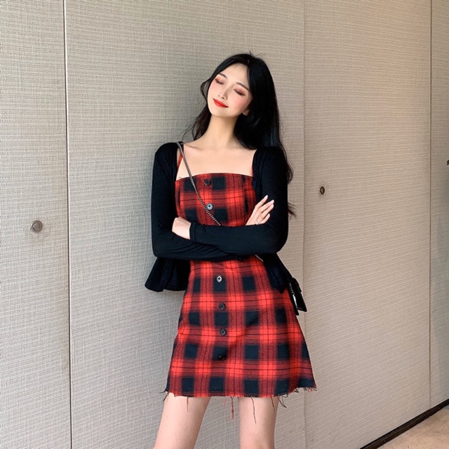 (Order 5-10days) Size S-4XL Set váy 2 dây kẻ caro + áo khoác ngoài mỏng 2020