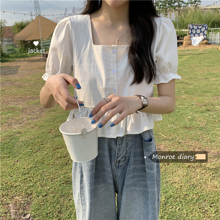 Women's French Square Neck Puff Sleeve Crop Tops Loose Fashion Summer Solid Short Sleeve Ruffles Blouse | BigBuy360 - bigbuy360.vn