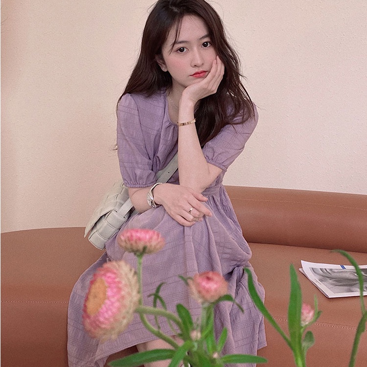 Đầm Midi Thắt Nơ Nhấn Eo Màu Tím Phong Cách Pháp Thời Trang Sang Trọng Cho Nữ