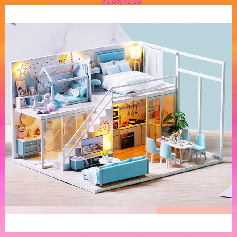[KLOWARE2]1/24 Scale Dollhouse Miniature DIY House Kit Blue Apartment with Furniture