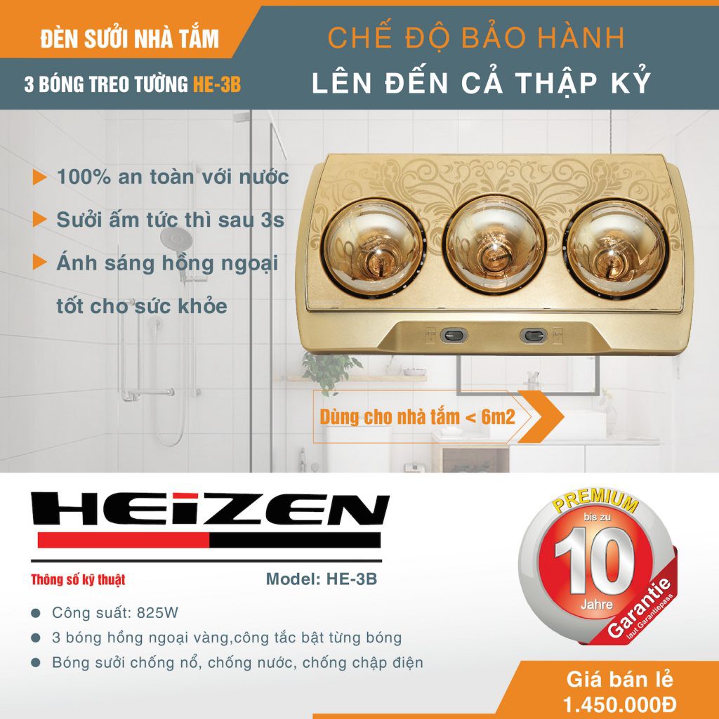 Đèn sưởi 3 bóng treo tường Heizen- HE3B