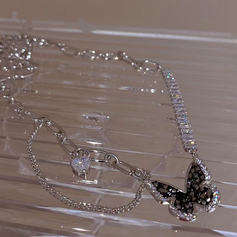Vòng cổ Mạ Bạc 2K Mặt Hình Bướm Đen Đính Đá Pha Lê Thời Trang Cho Nữ