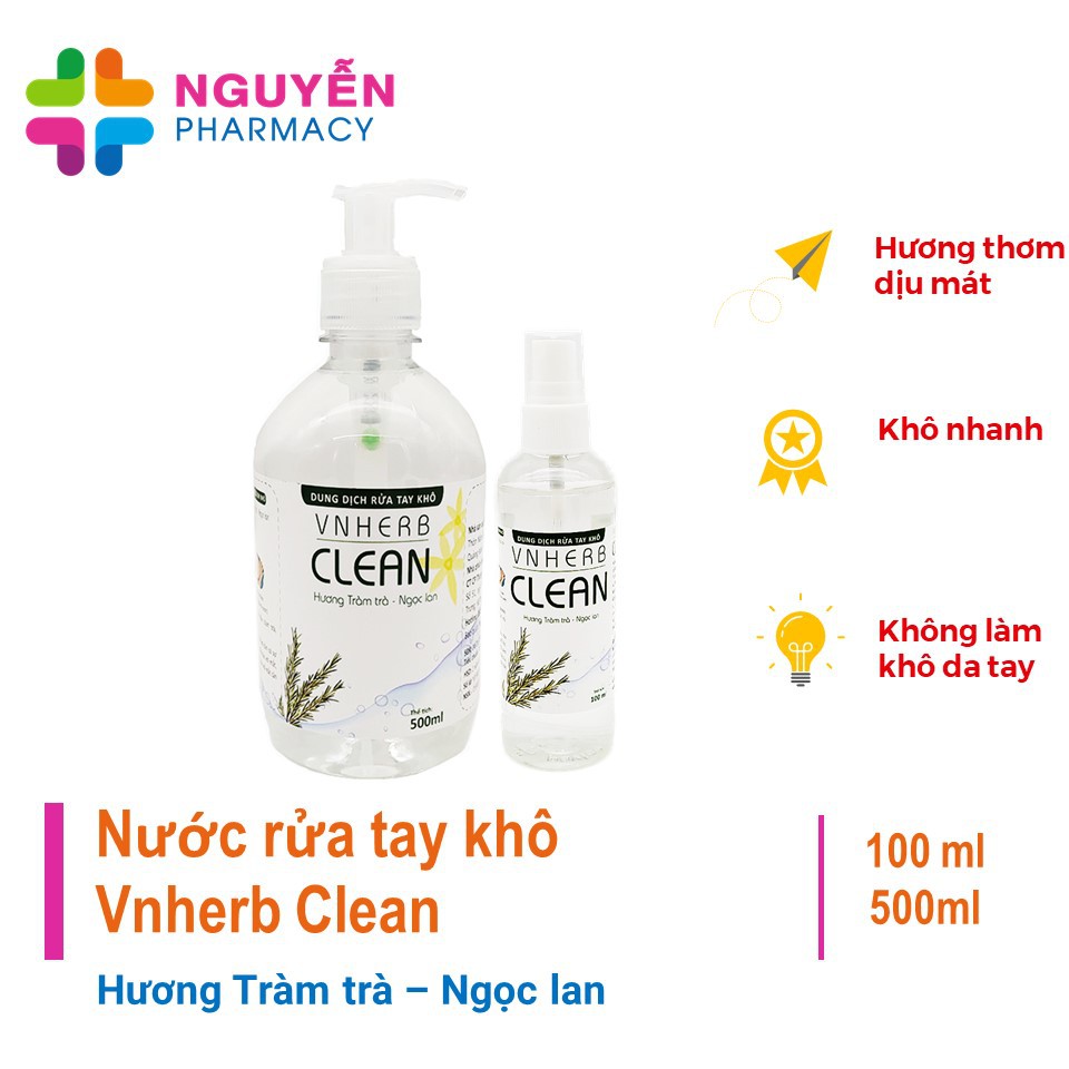 Nước rửa tay khô Vnherb Clean - hương Tràm trà, Ngọc lan, sạch khuẩn, nhanh khô, giữ ẩm