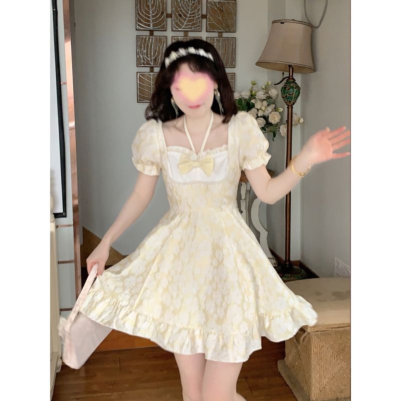 Váy babydoll tay phông Đầm Ngắn Ôm Eo Đính Nơ Dập Nổi Họa Tiết Ngọc Trai Phong Cách Nhật Bản Thời Trang Xuân Hè 2022 Mới
