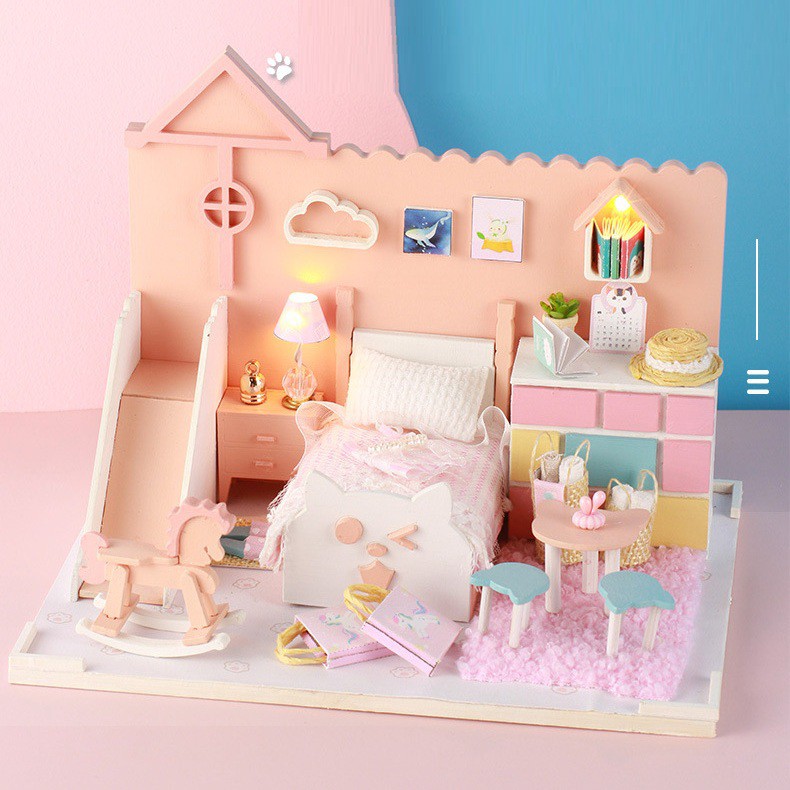 Mô hình nhà DIY Doll House Mia's Cat House Kèm Mica Chống bụi, Bộ dụng cụ và Keo dán