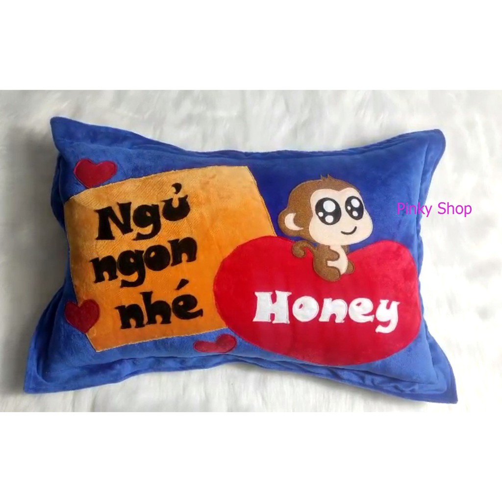 Gối handmade thêu chữ "Ngủ Ngon Nhé Honey" vải nỉ cao cấp hình chữ nhật màu xanh dương trong sáng mã GH18