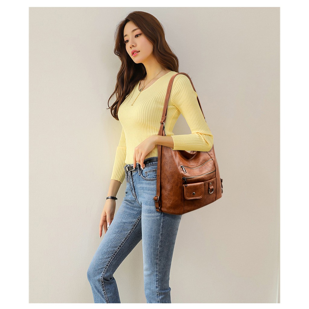 Túi xách da cỡ lớn LEACAT phong cách vintage thời trang cho nữ