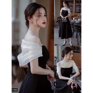 Váy xòe trượt Nhật  đen  trễ vai thiết kế MC V150 (ảnh thật shop chụp)