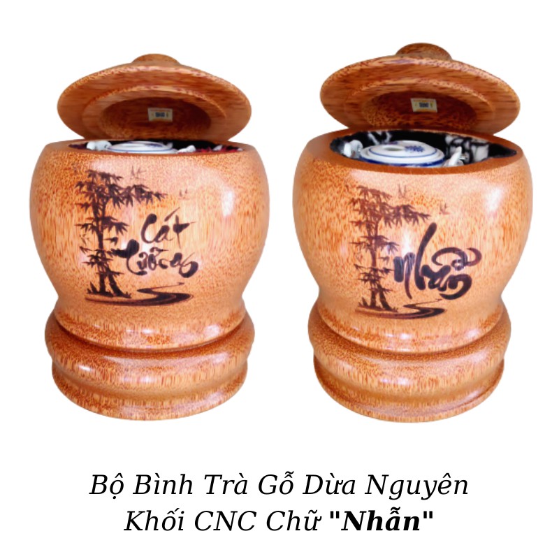 Bộ Bình Trà Gỗ Dừa Có Chân Hoa Văn "Chữ Nhẫn"; "Chữ Gia Đình"; "Chữ Cát Tường", "Chữ Tài Lộc" - Bình Trà 400 - 500ml