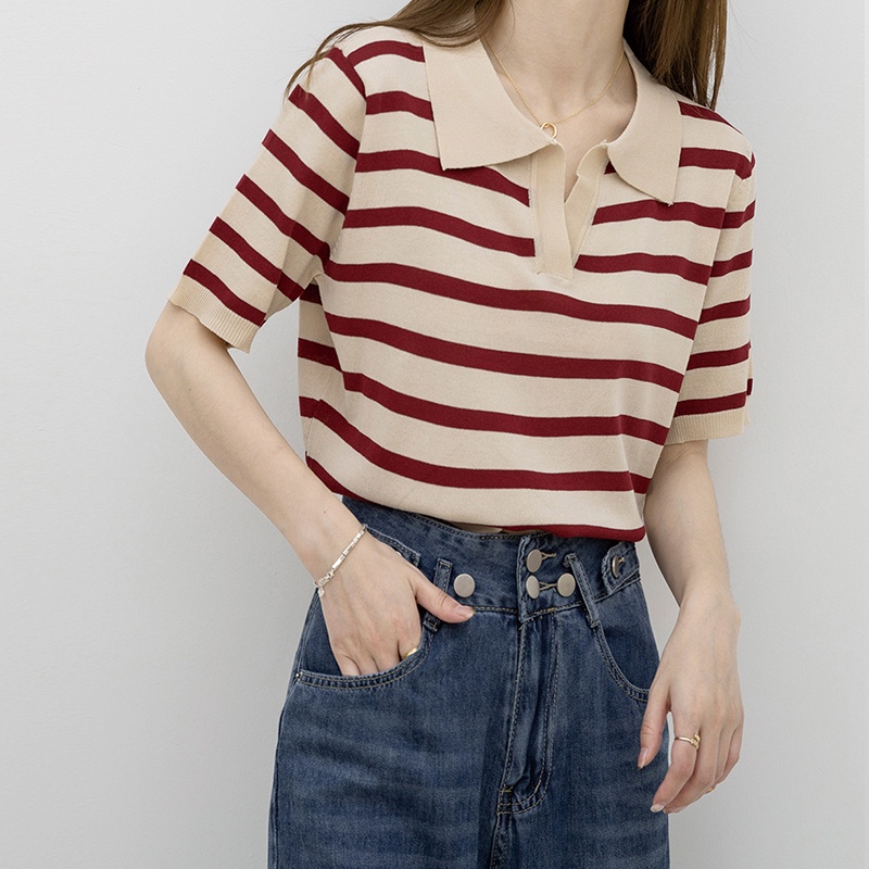Áo polo IELGY dệt kim tay ngắn cổ bẻ họa tiết kẻ sọc cho nữ