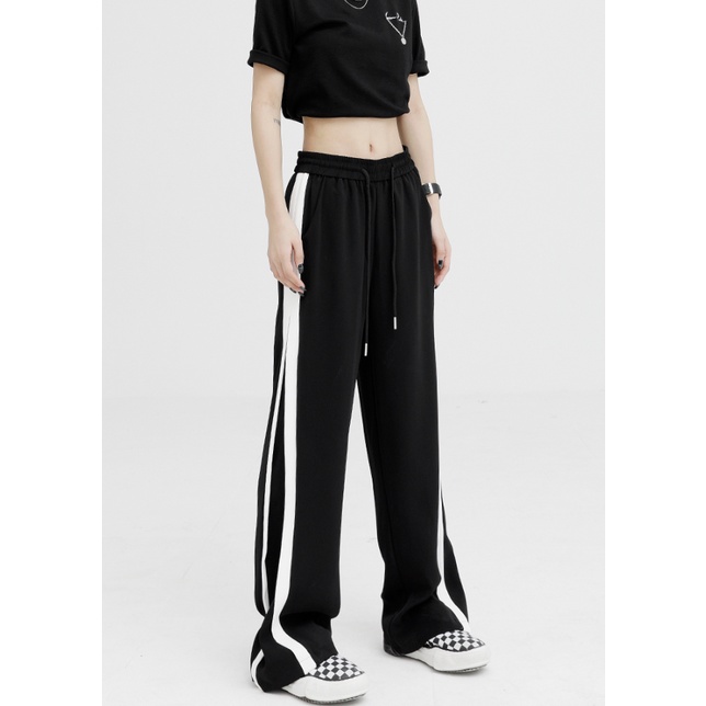 Quần Dài Thể Thao Ống Rộng Kẻ Sọc Màu Đen Phối Màu Thời Trang Hàn Quốc Cho Nữ