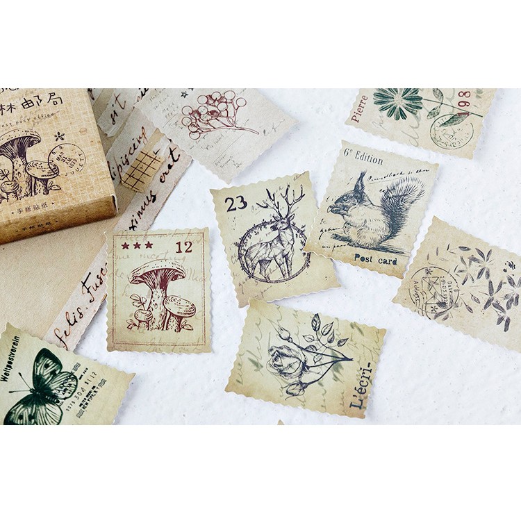 Hộp 46 miếng sticker mẫu tem cây nấm và khu rừng